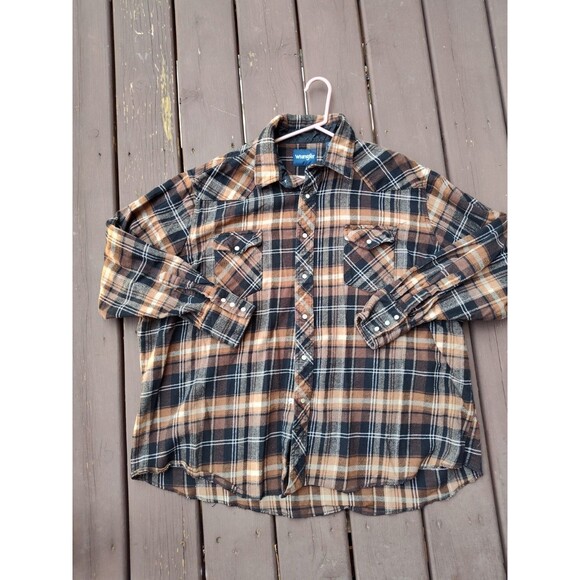 Wrangler Mens Heavy Weight Flannel Pearl Snap Size 3x Orange Black Brown - Picture 1 of 9